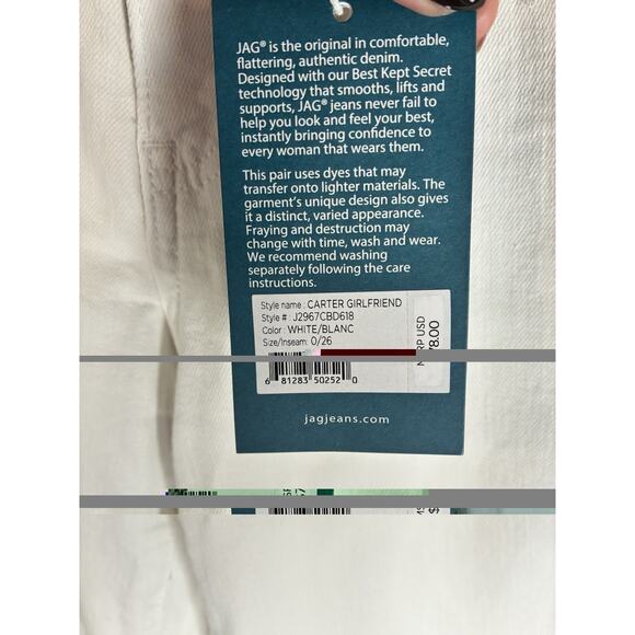 Jag Jeans Carter Mid Rise Girlfriend Size 0 White J2967CBD618 NWT NEW Stretch - Picture 5 of 9